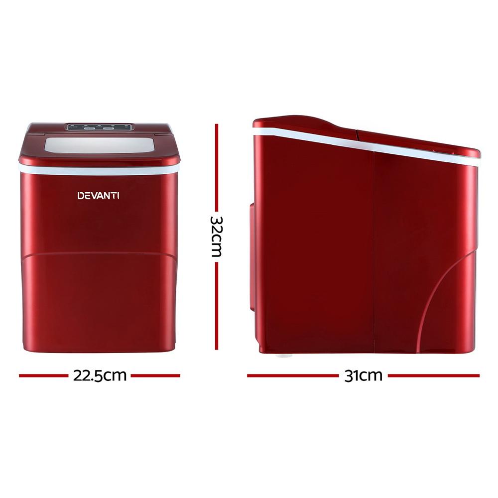 DEVANTi Portable Ice Cube Maker Machine in red, showcasing its sleek design and LED control panel.