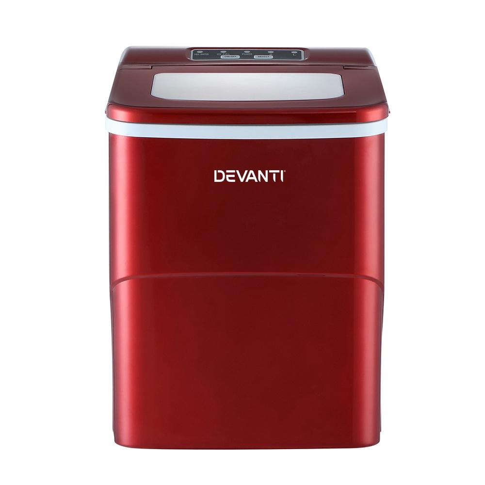 DEVANTi Portable Ice Cube Maker Machine in red, showcasing its sleek design and LED control panel.