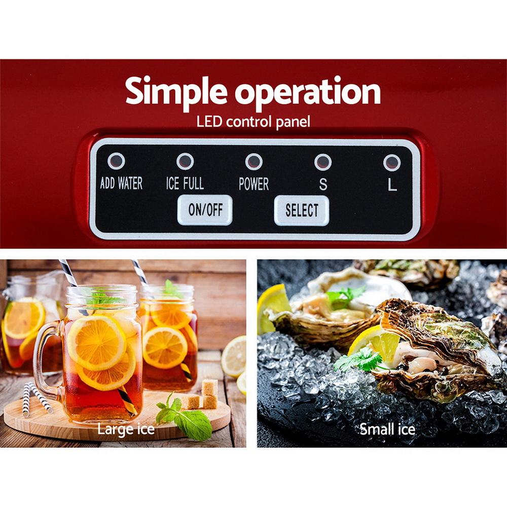 DEVANTi Portable Ice Cube Maker Machine in red, showcasing its sleek design and LED control panel.