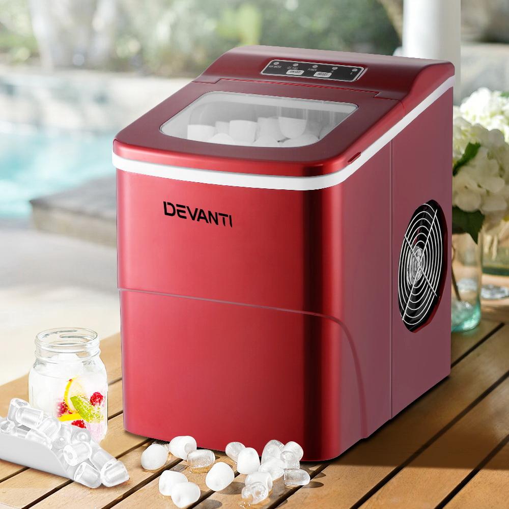 DEVANTi Portable Ice Cube Maker Machine in red, showcasing its sleek design and LED control panel.