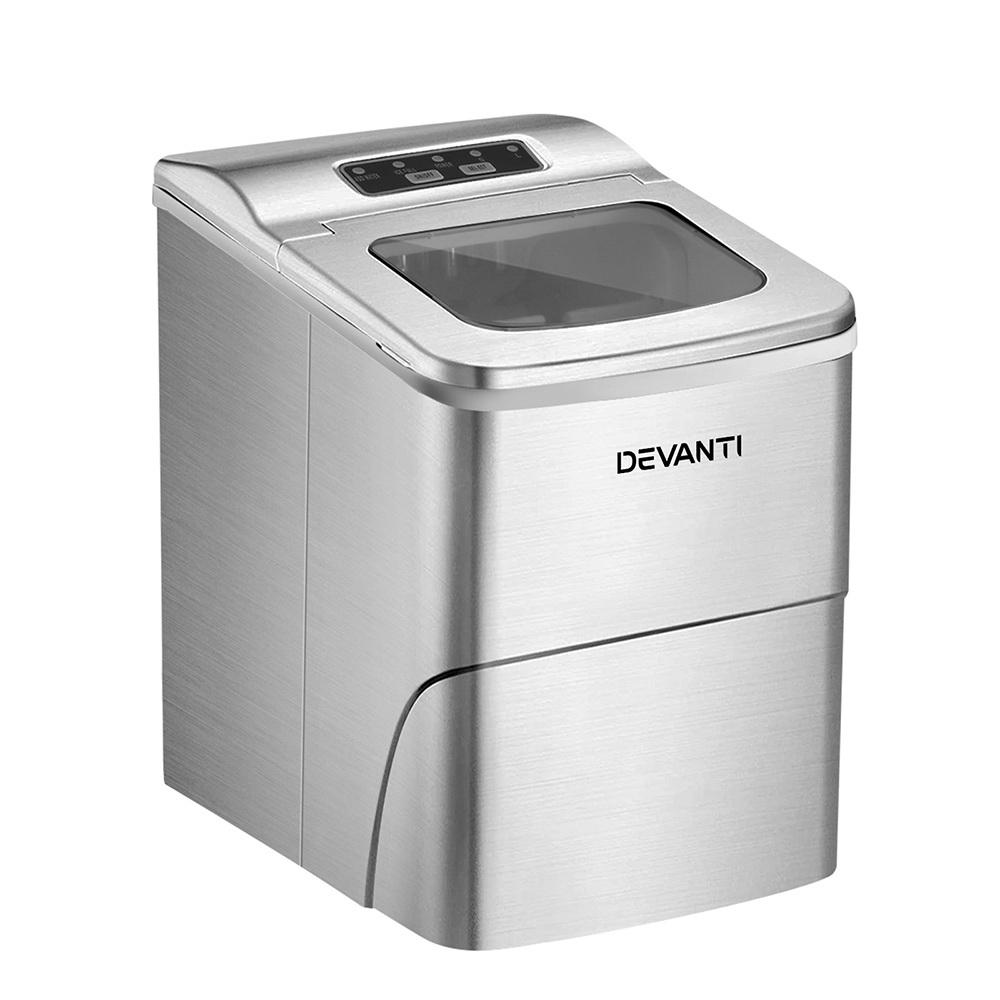 Devanti Portable Ice Cube Maker in silver, showcasing its sleek design and LED control panel.