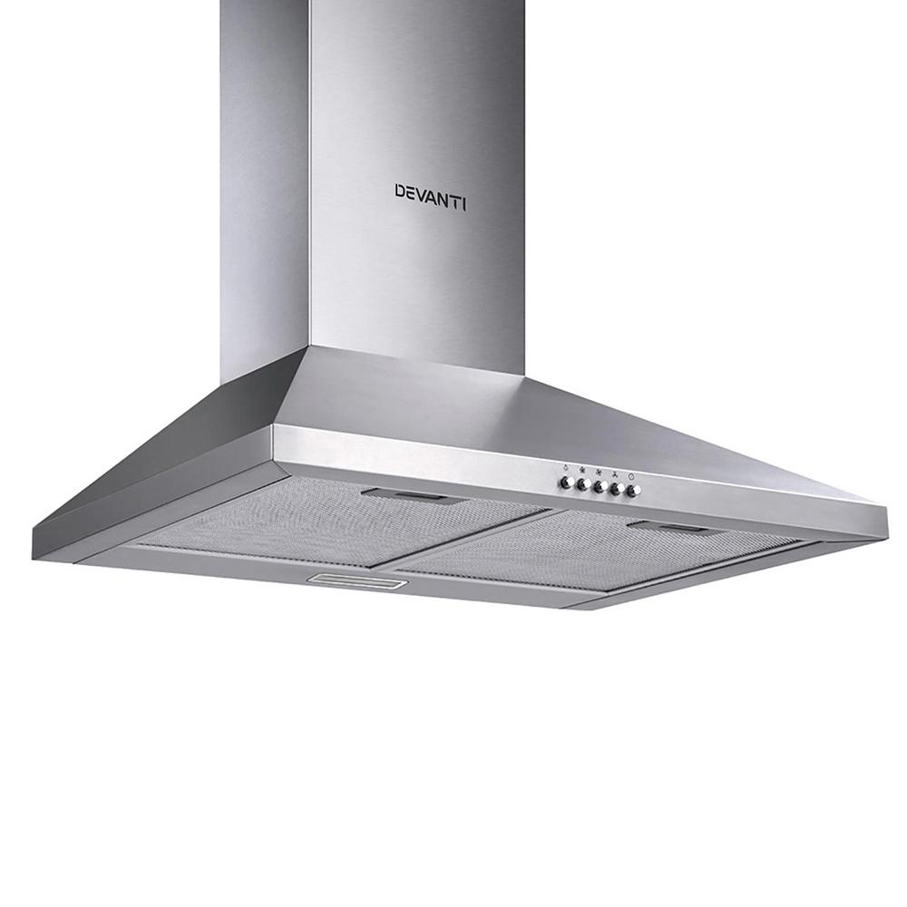 Devanti Range Hood 60cm in brushed stainless steel, showcasing its sleek design and adjustable chimney.