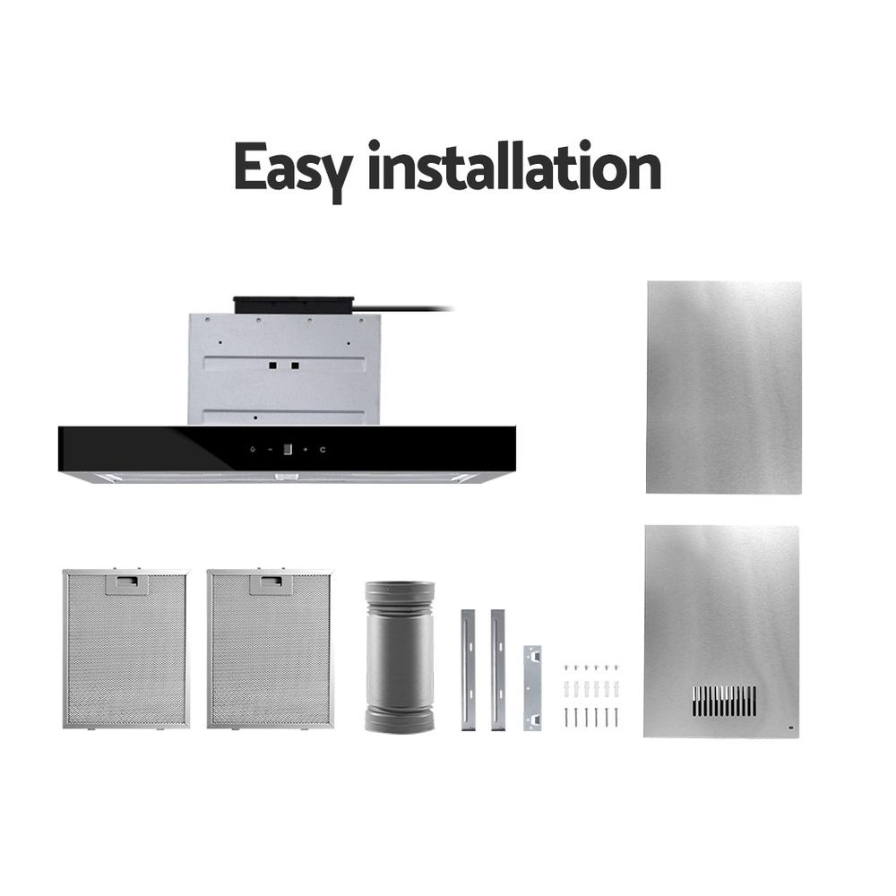 Devanti 600mm Range Hood featuring black tempered glass and stainless steel design, ideal for modern kitchens.