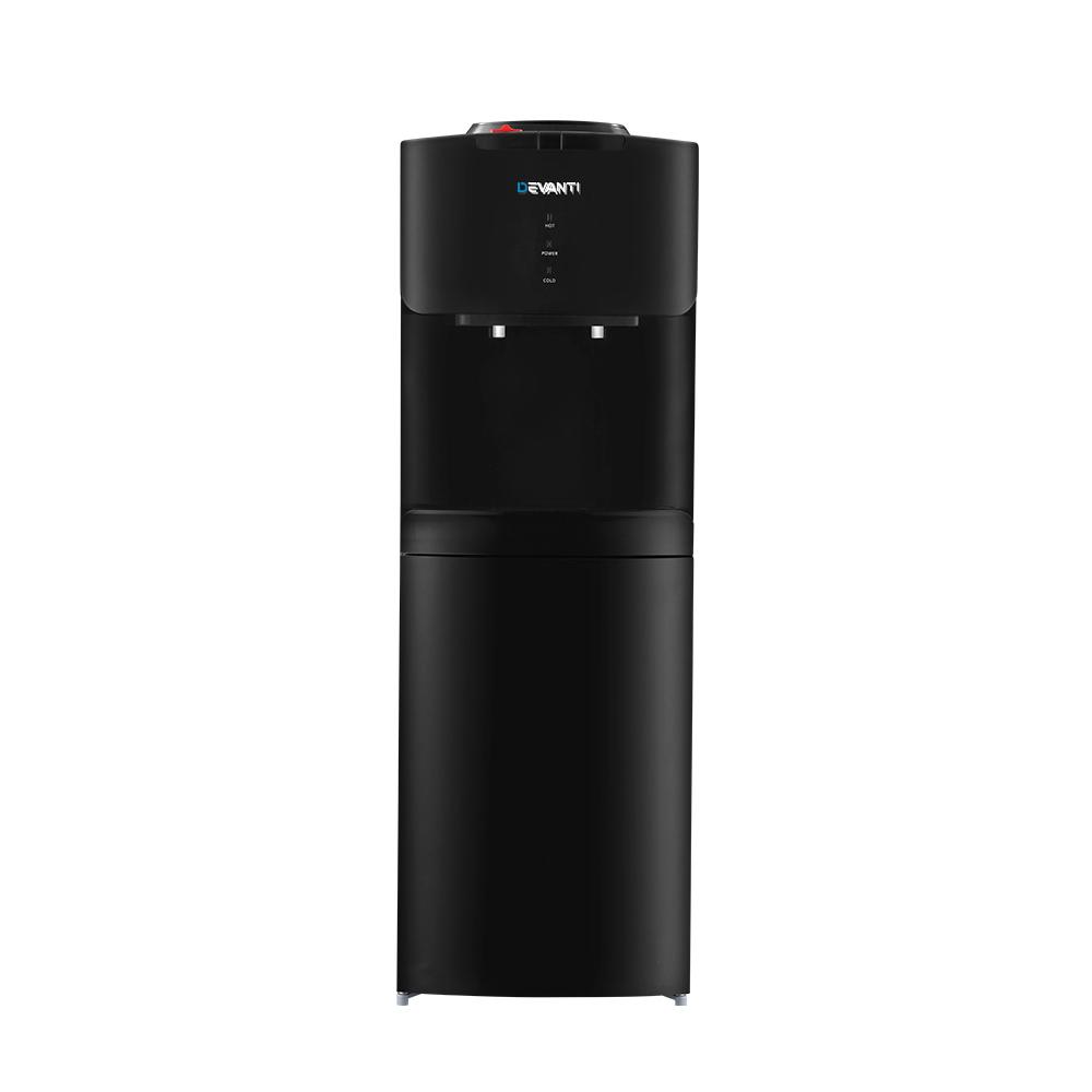 Devanti Water Cooler Dispenser with hot and cold taps, adjustable tray, and large storage cabinet in a sleek black design.