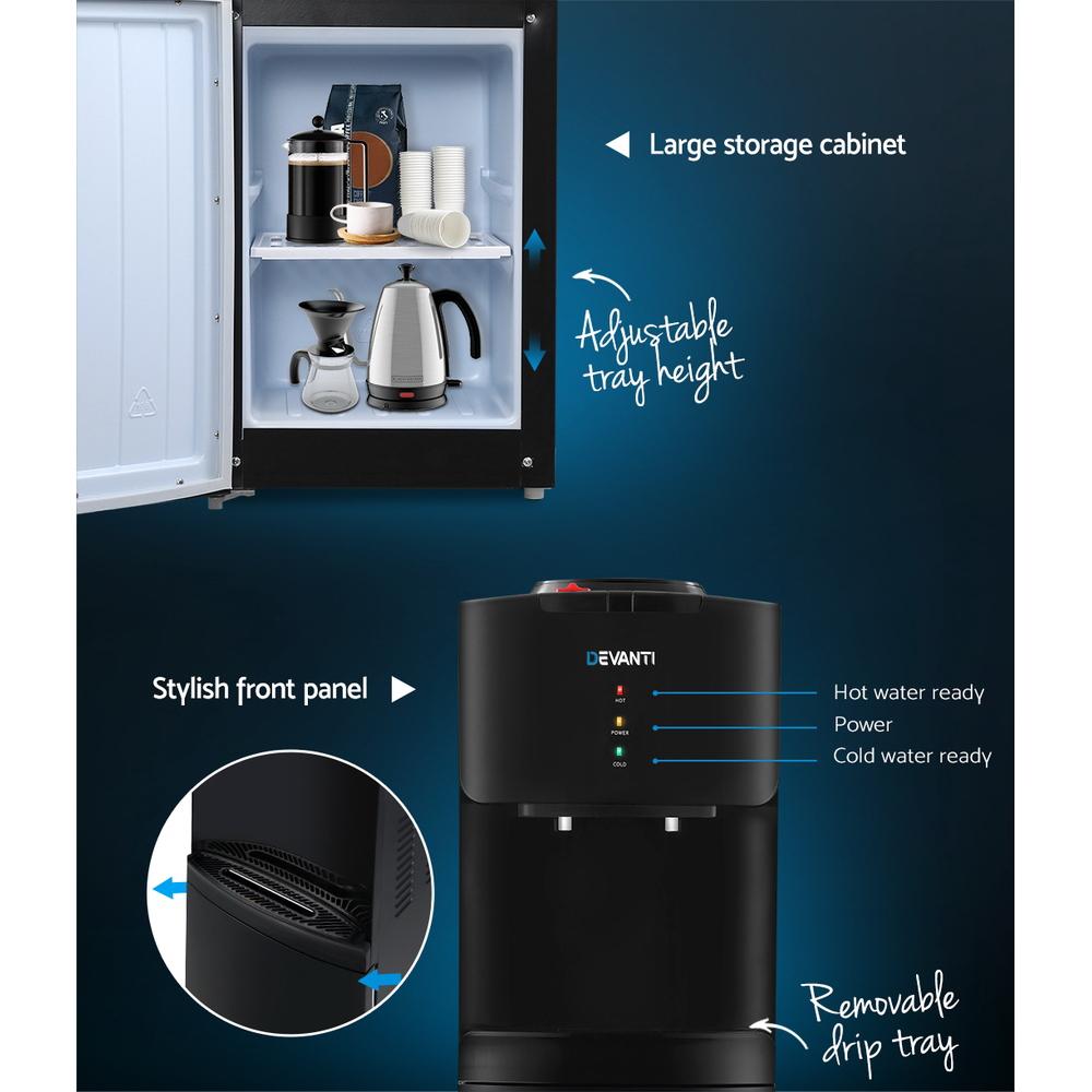 Devanti Water Cooler Dispenser with hot and cold taps, adjustable tray, and large storage cabinet in a sleek black design.