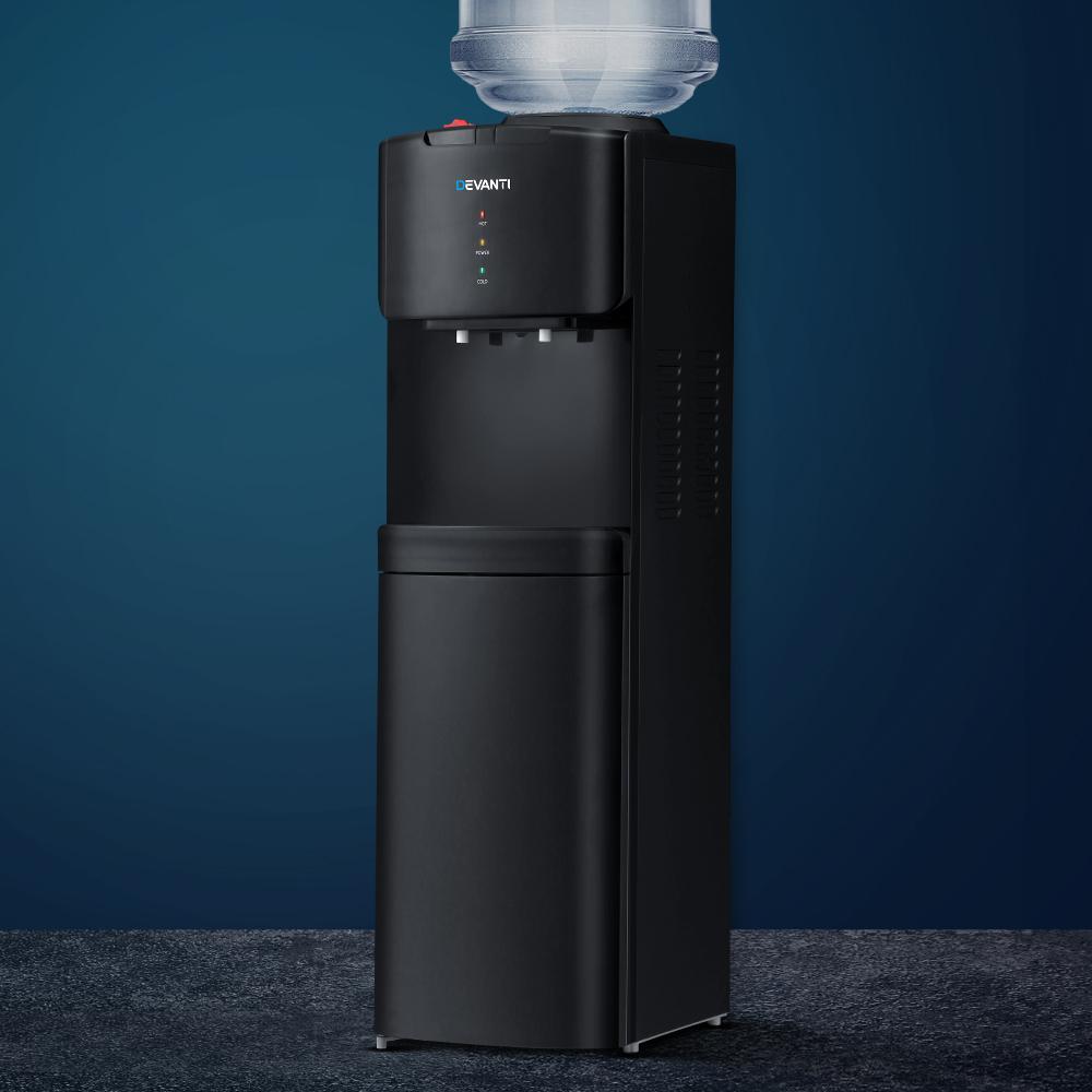 Devanti Water Cooler Dispenser with hot and cold taps, adjustable tray, and large storage cabinet in a sleek black design.