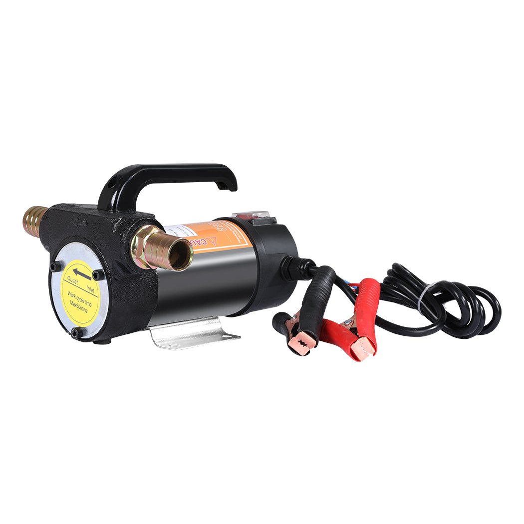 Electric diesel transfer pump with ergonomic design, featuring copper motor and alligator clips for battery connection.