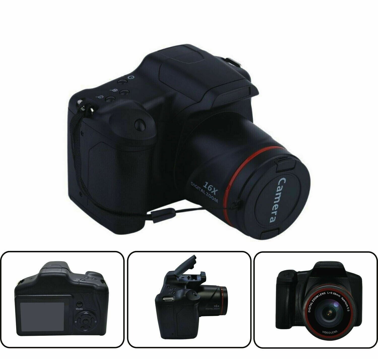 Digital Camera with 3.0 Inch TFT LCD Screen, 16X Zoom, and 16MP HD resolution, showcasing its sleek design and features.