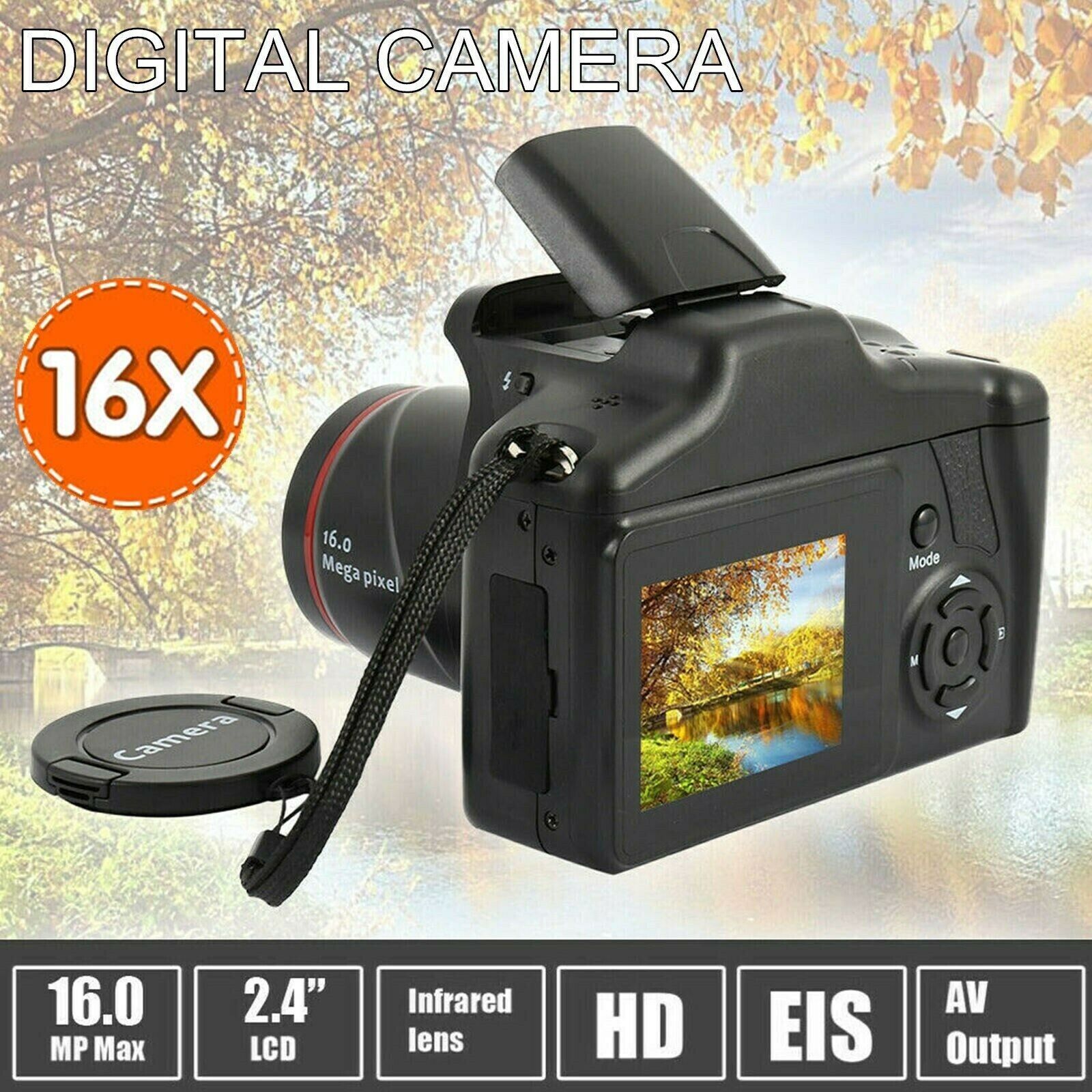 Digital Camera with 3.0 Inch TFT LCD Screen, 16X Zoom, and 16MP HD resolution, showcasing its sleek design and features.