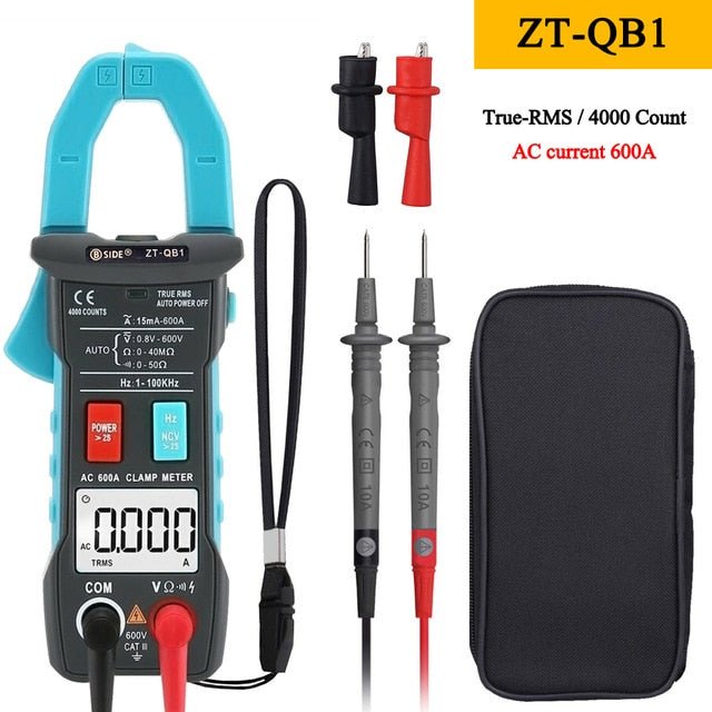 Digital Clamp Meter 600A with True RMS and smart plier design, featuring a digital display and various measurement functions.