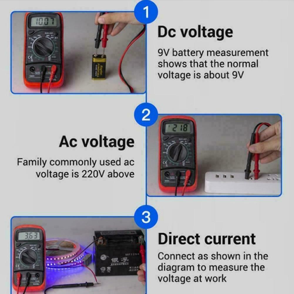 Digital Multimeter XL830L displaying various electrical measurements with probe cables attached.