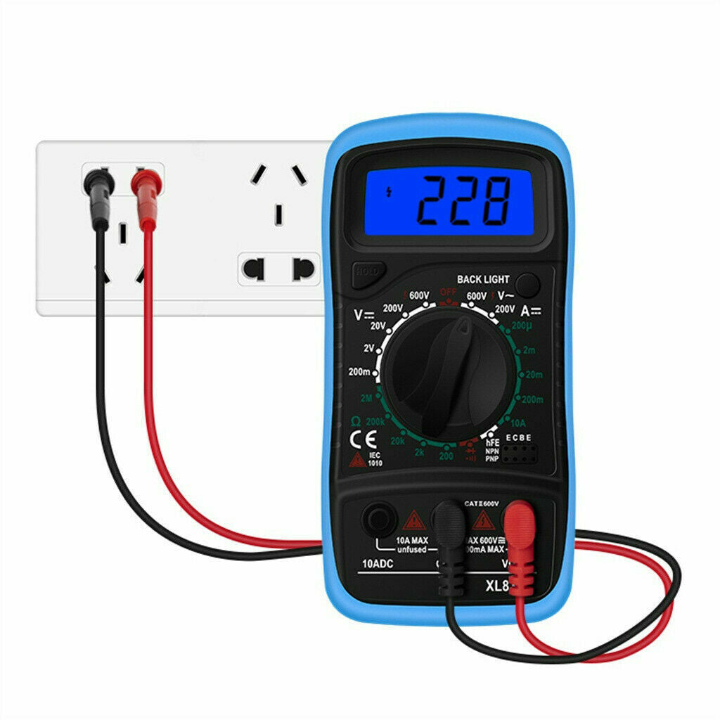 Digital Multimeter XL830L displaying various electrical measurements with probe cables attached.