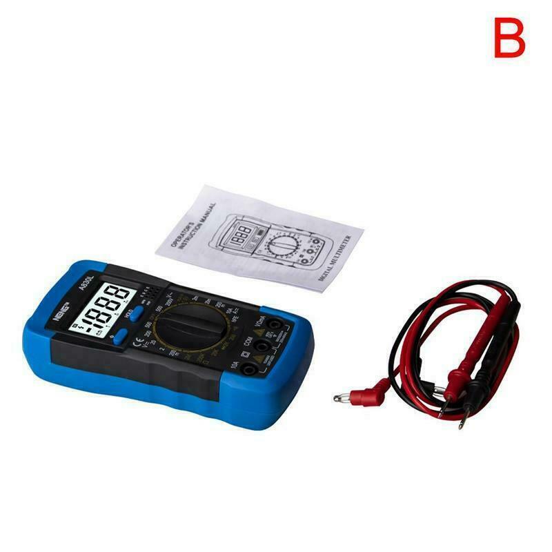 Digital Multimeter XL830L displaying various electrical measurements with probe cables attached.