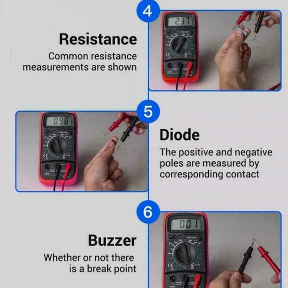 Digital Multimeter XL830L displaying various electrical measurements with probe cables attached.