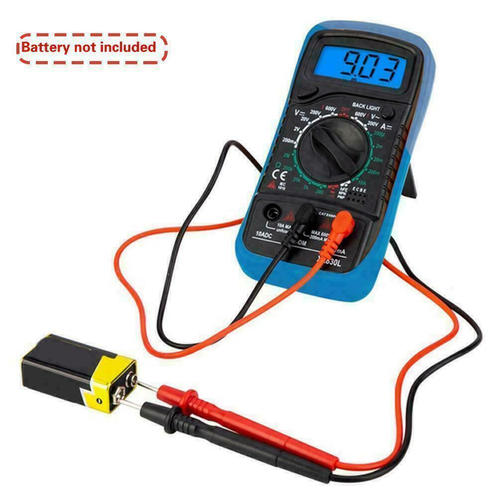 Digital Multimeter XL830L displaying various electrical measurements with probe cables attached.
