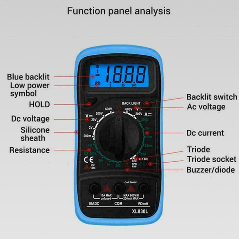 Digital Multimeter XL830L displaying various electrical measurements with probe cables attached.