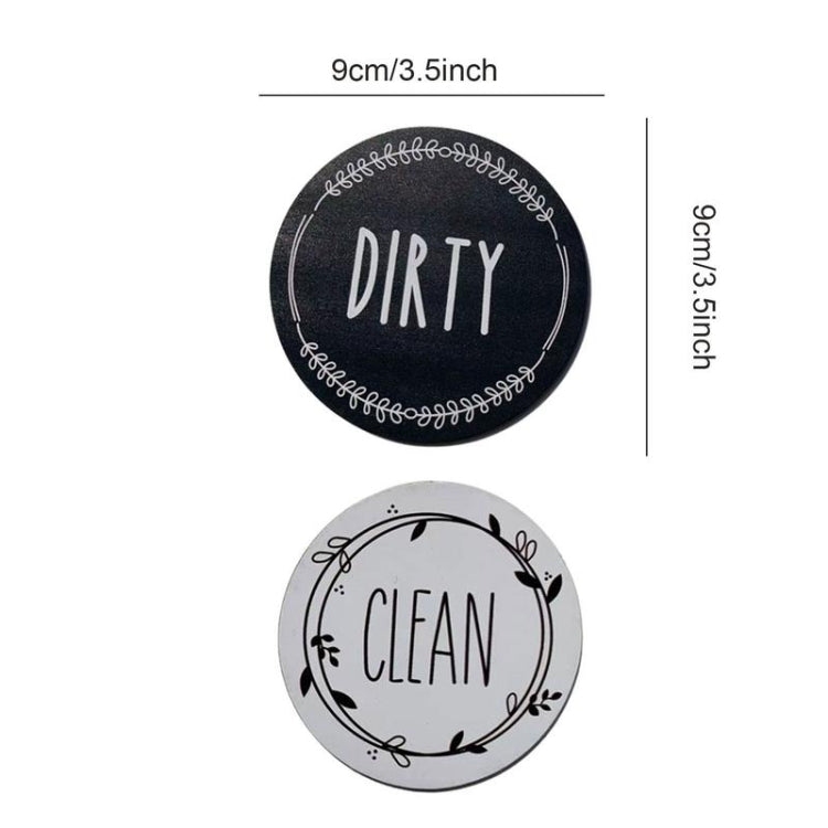 Double-sided dishwasher magnet indicating clean and dirty dishes, made of acrylic and ABS with a soft magnetic backing.