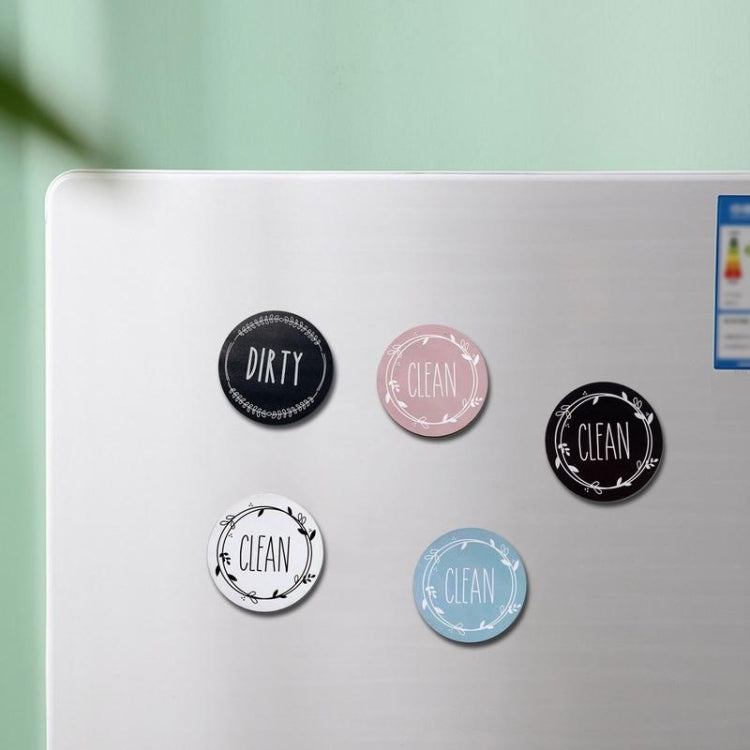 Double-sided dishwasher magnet indicating clean and dirty dishes, made of acrylic and ABS with a soft magnetic backing.