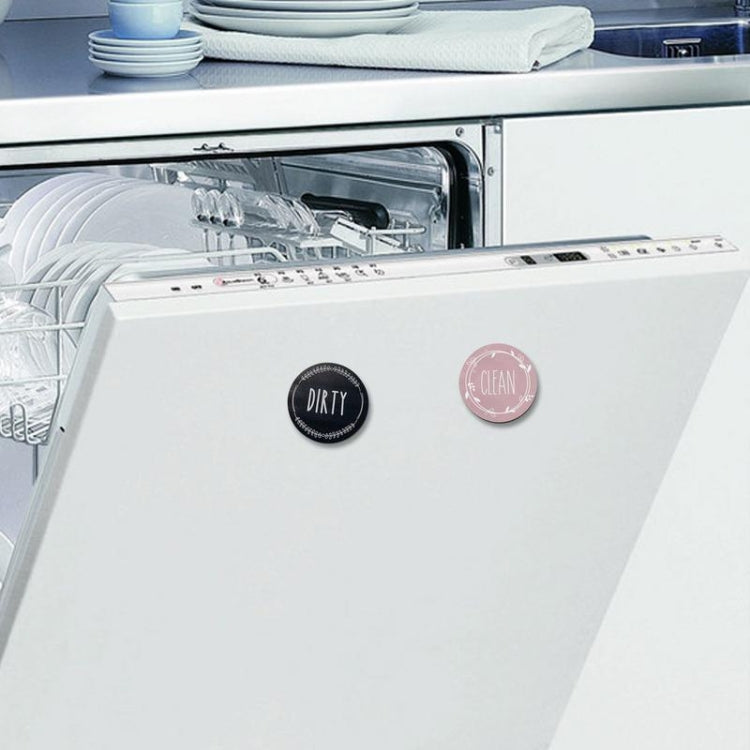 Double-sided dishwasher magnet indicating clean and dirty dishes, made of acrylic and ABS with a soft magnetic backing.