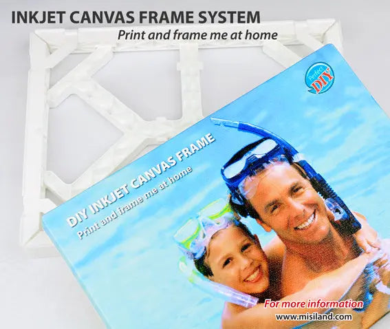 DIY Inkjet Canvas kit featuring a support frame, canvas, and acid-free tape for printing images at home.