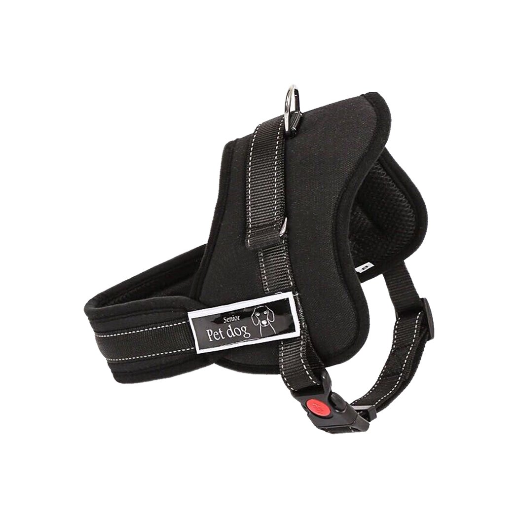 Dog Adjustable Harness in black with meshed surface and integrated hand grip, designed for comfort and control during training.