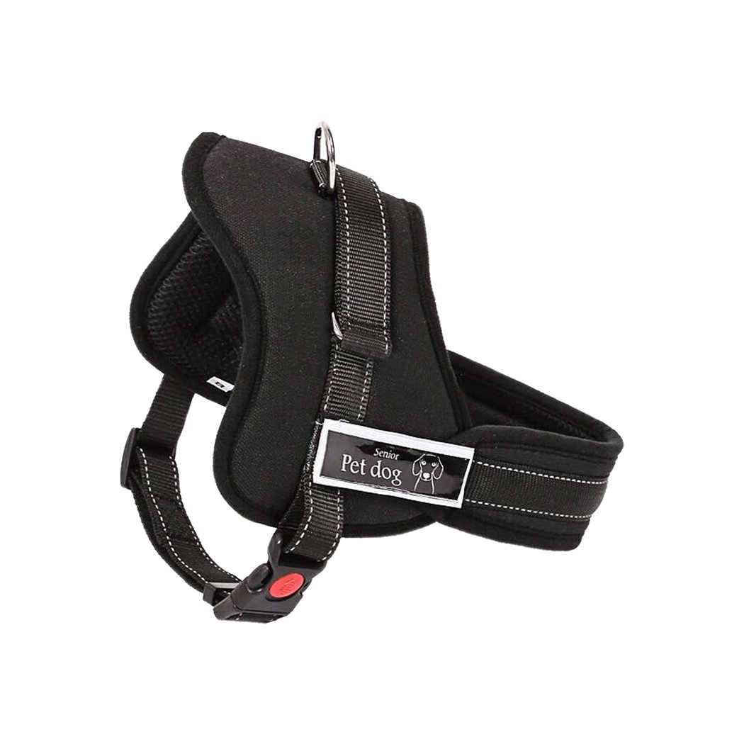 Dog Adjustable Harness in black with meshed surface and integrated hand grip, designed for comfort and control during training.