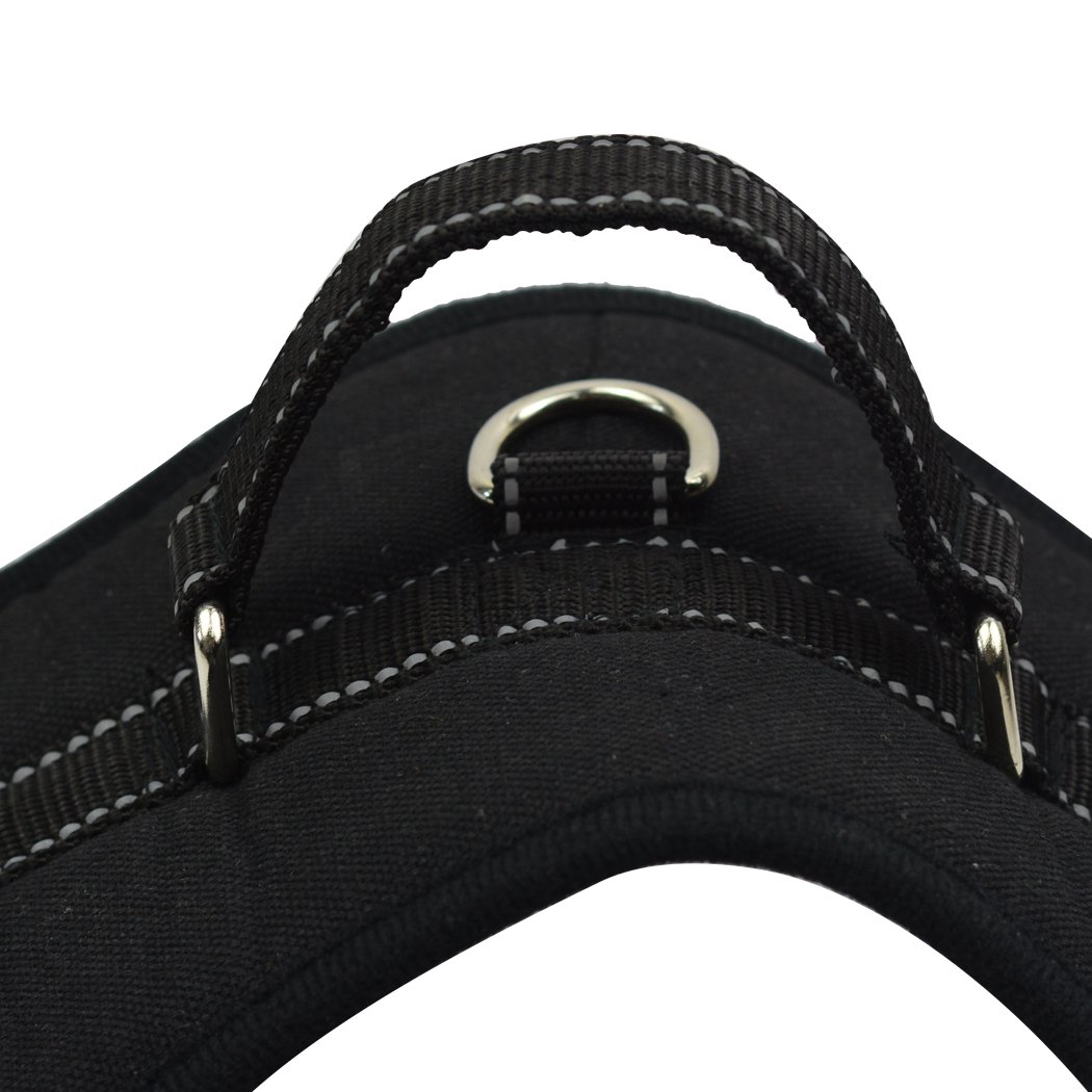Dog Adjustable Harness in black with meshed surface and integrated hand grip, designed for comfort and control during training.
