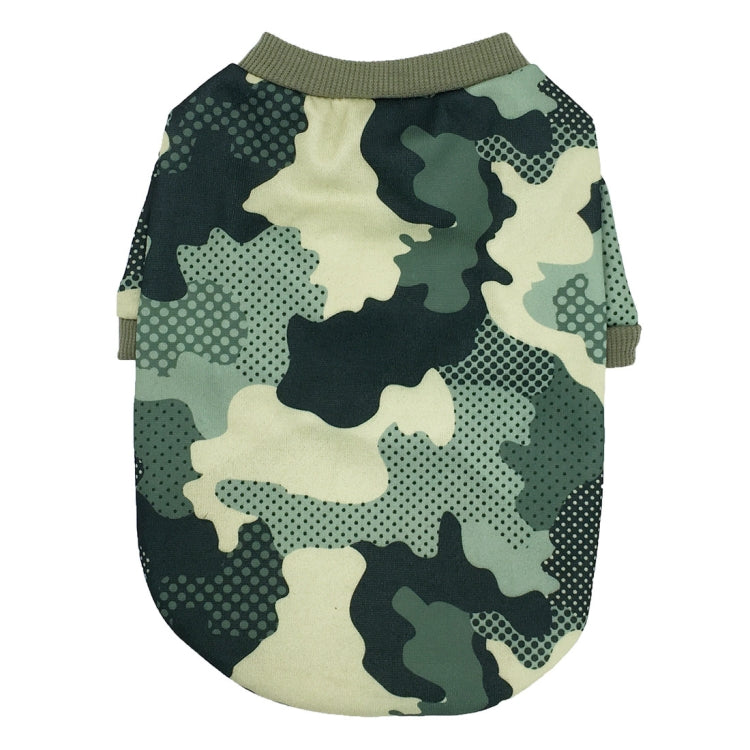 A stylish camouflage fleece sweater for small dogs, perfect for autumn and winter wear, showcasing its soft cotton material and pullover design.
