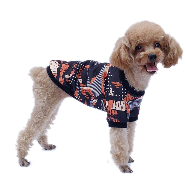 A stylish camouflage fleece sweater for small dogs, perfect for autumn and winter wear, showcasing its soft cotton material and pullover design.