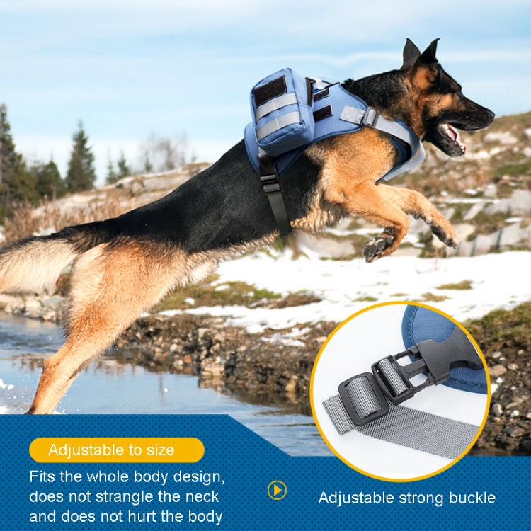 Dog wearing an explosion-proof chest strap with a detachable backpack, showcasing comfort and safety during outdoor activities.
