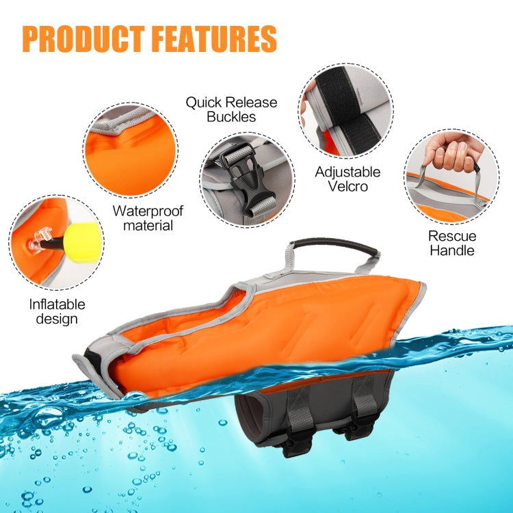 A vibrant inflatable dog swimsuit designed for safety and comfort, featuring a rescue handle and an air pump for easy inflation.