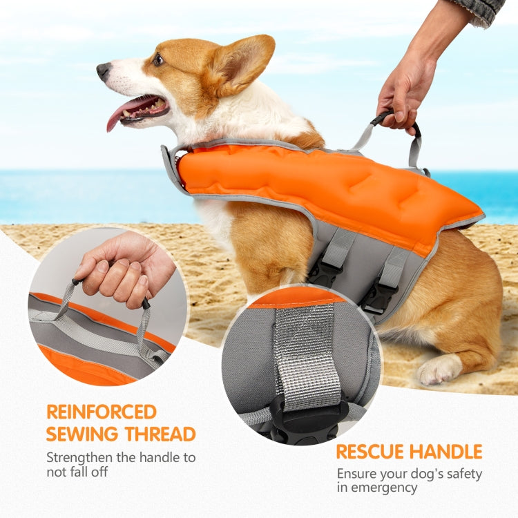 A vibrant inflatable dog swimsuit designed for safety and comfort, featuring a rescue handle and an air pump for easy inflation.