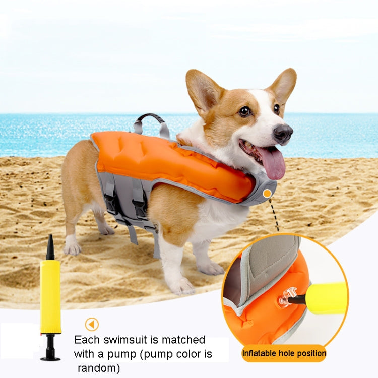 A vibrant inflatable dog swimsuit designed for safety and comfort, featuring a rescue handle and an air pump for easy inflation.
