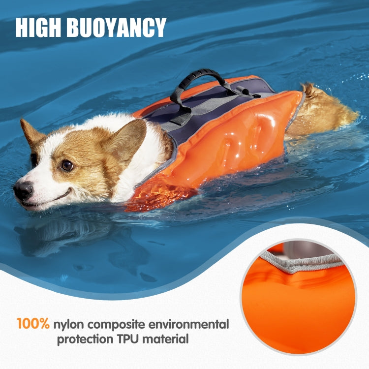A vibrant inflatable dog swimsuit designed for safety and comfort, featuring a rescue handle and an air pump for easy inflation.