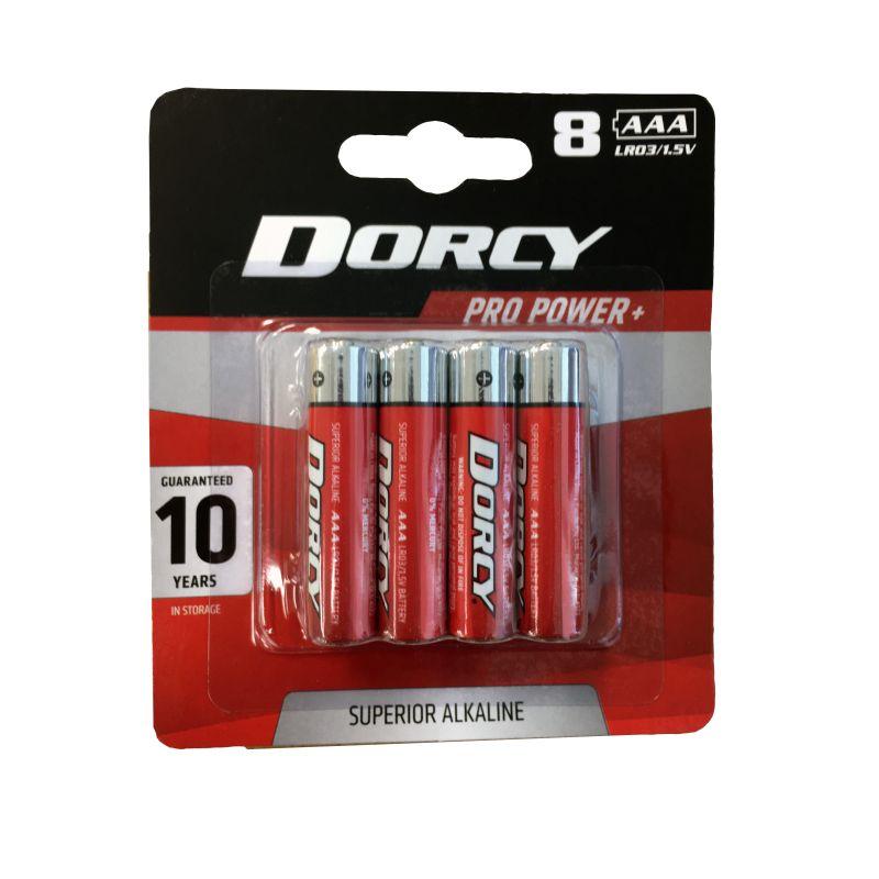 DORCY 8AAA Alkaline Batteries in packaging, showcasing their size and design.