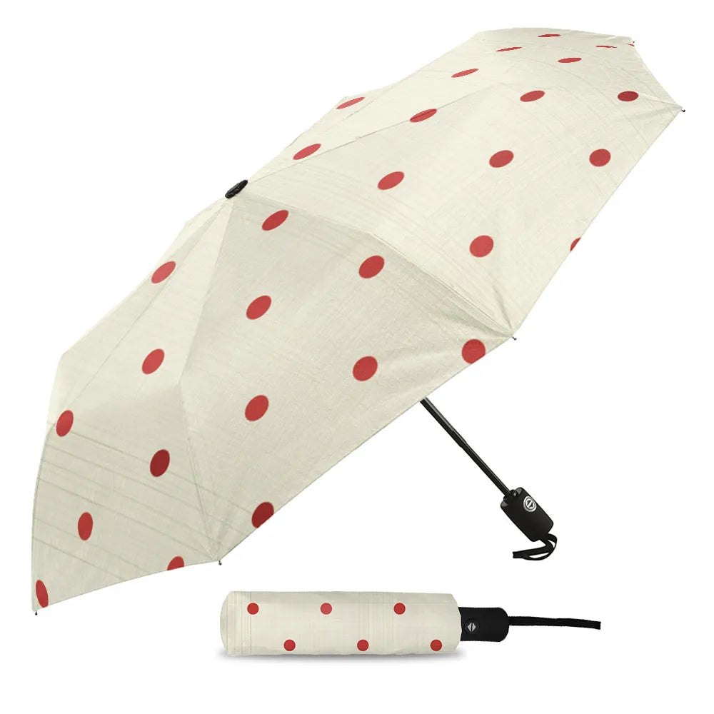 Dot Red Beige Fully-automatic Rain Umbrella, showcasing a stylish design with eight sturdy ribs and a compact folding mechanism.