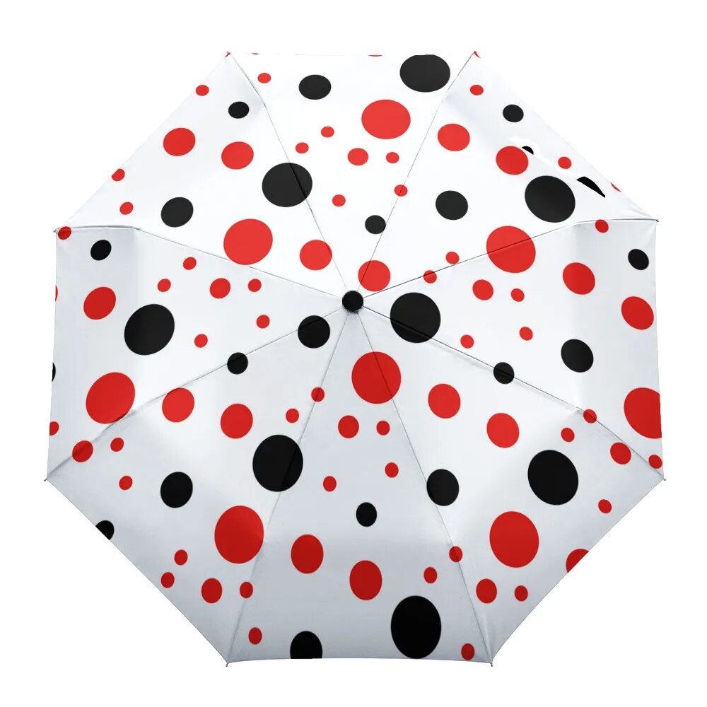 Dot Red Beige Fully-automatic Rain Umbrella, showcasing a stylish design with eight sturdy ribs and a compact folding mechanism.
