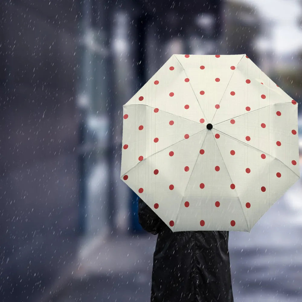 Dot Red Beige Fully-automatic Rain Umbrella, showcasing a stylish design with eight sturdy ribs and a compact folding mechanism.