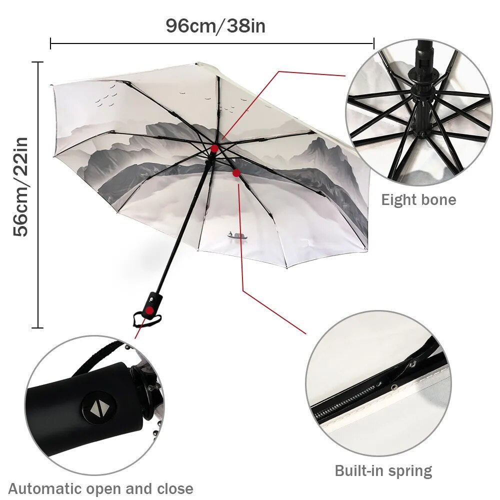 Dot Red Beige Fully-automatic Rain Umbrella, showcasing a stylish design with eight sturdy ribs and a compact folding mechanism.