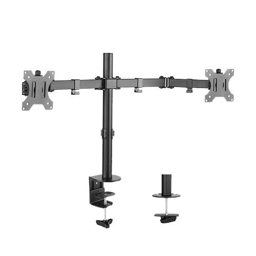 Double Arm Double Joint Monitor Bracket supporting two 32-inch monitors, showcasing ergonomic design and sturdy steel construction.