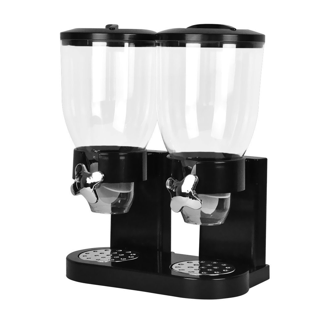 Double Cereal Dispenser in black, featuring a transparent cylinder and twist knob for portion control, ideal for storing cereals and dry foods.