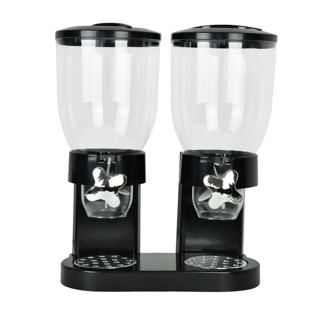 Double Cereal Dispenser in black, featuring a transparent cylinder and twist knob for portion control, ideal for storing cereals and dry foods.