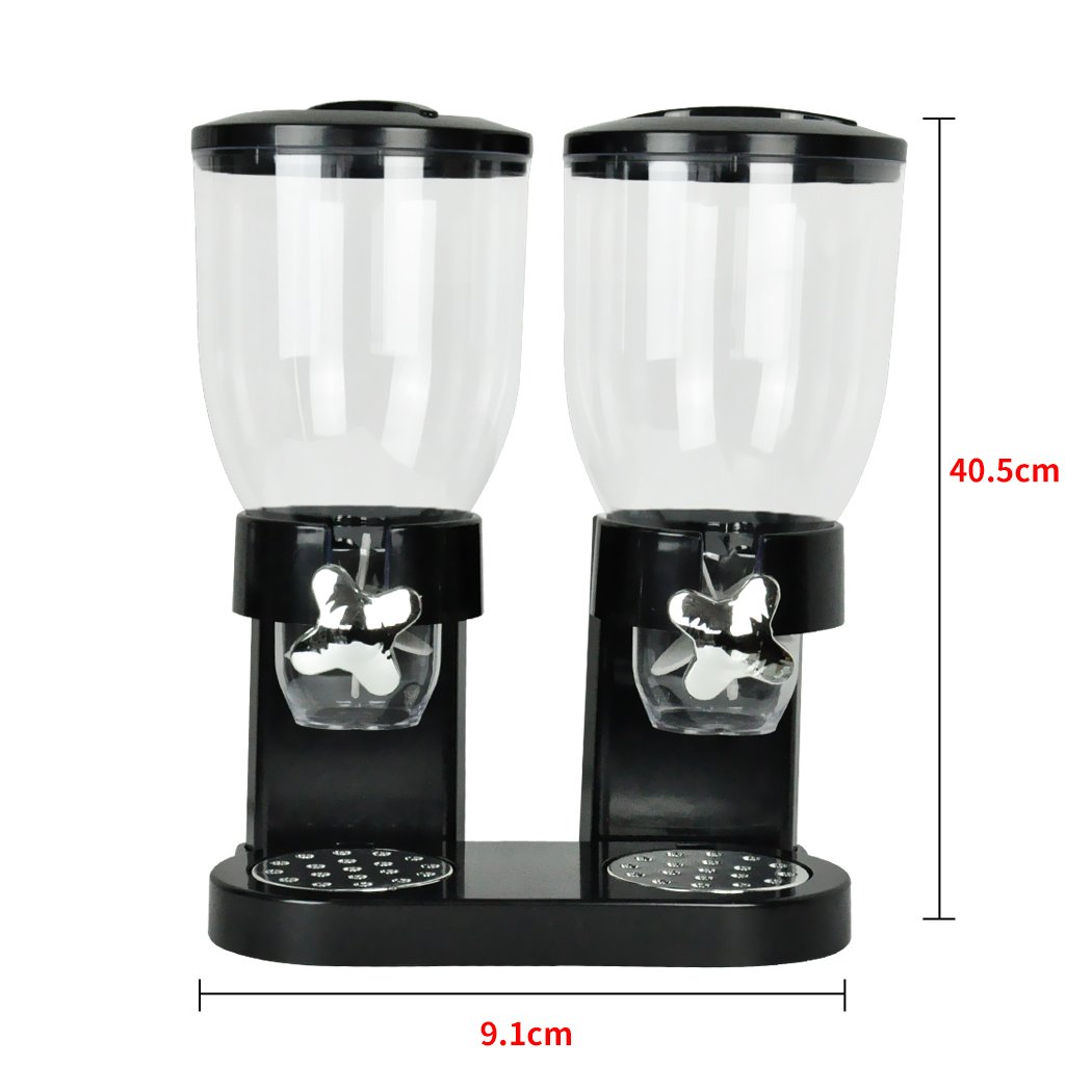Double Cereal Dispenser in black, featuring a transparent cylinder and twist knob for portion control, ideal for storing cereals and dry foods.
