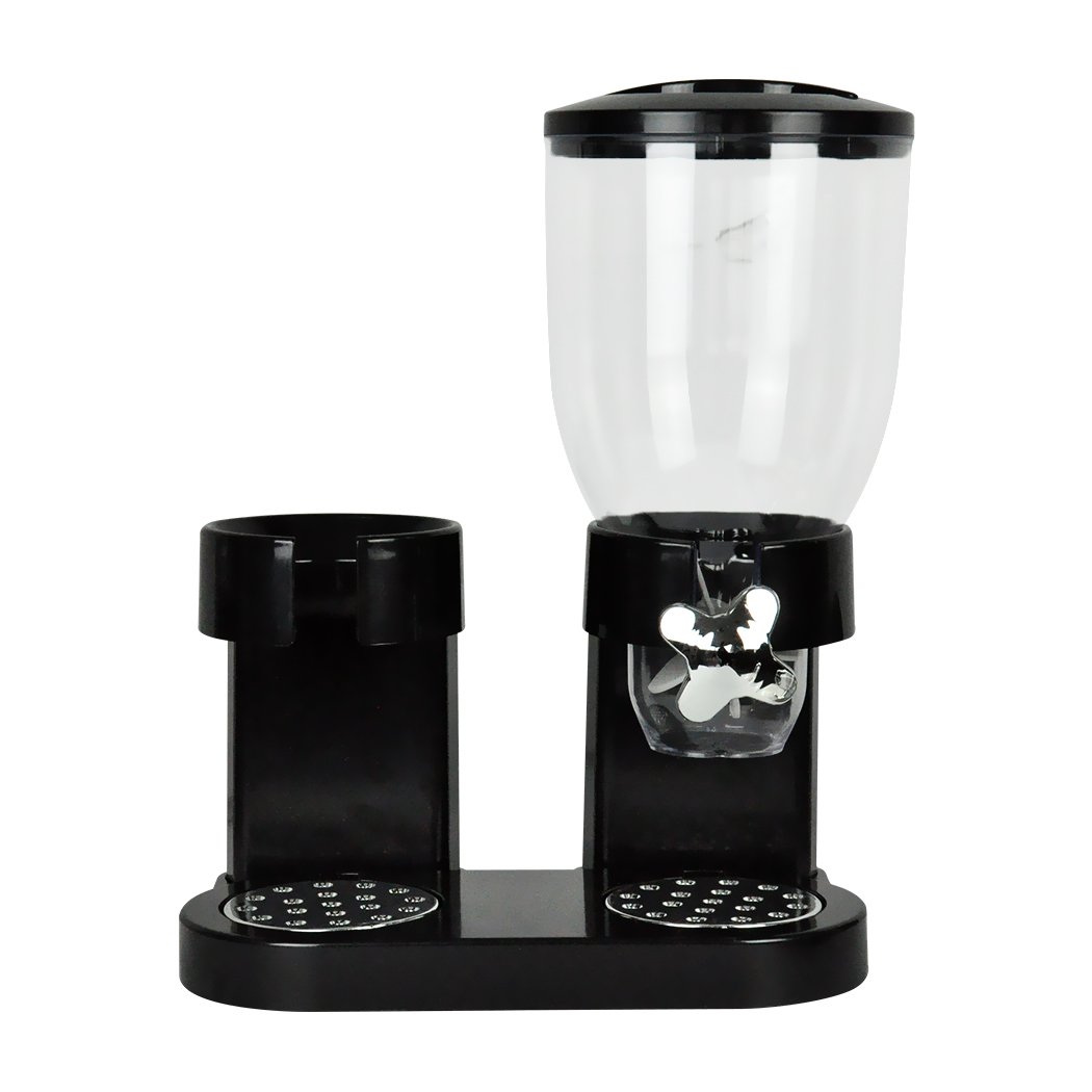 Double Cereal Dispenser in black, featuring a transparent cylinder and twist knob for portion control, ideal for storing cereals and dry foods.