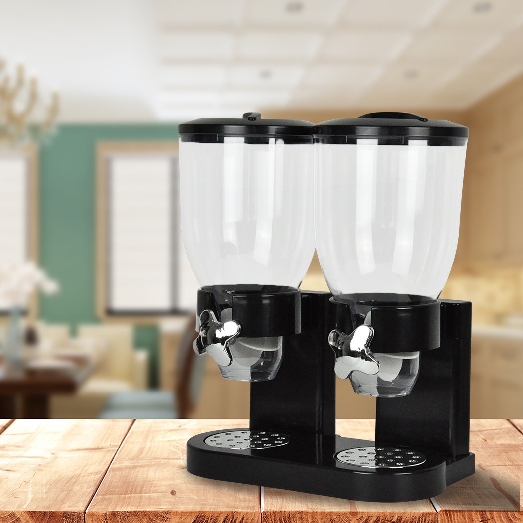 Double Cereal Dispenser in black, featuring a transparent cylinder and twist knob for portion control, ideal for storing cereals and dry foods.