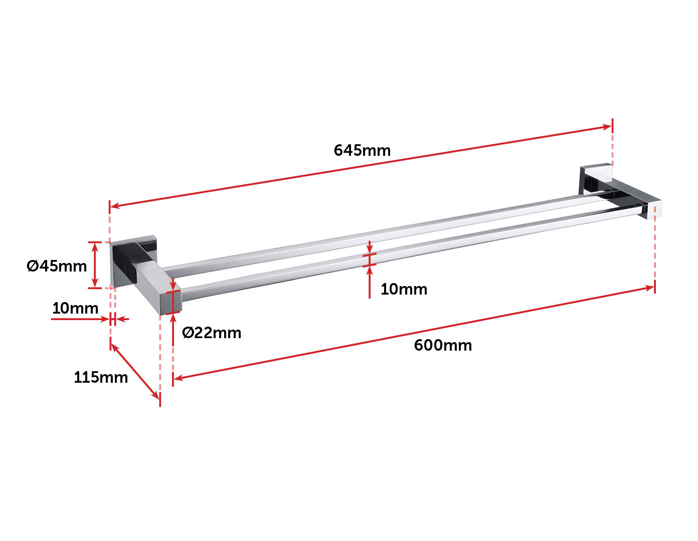 Double Classic Chrome Towel Bar Rail, elegantly designed for bathroom use, featuring a shiny chrome finish and sturdy construction.