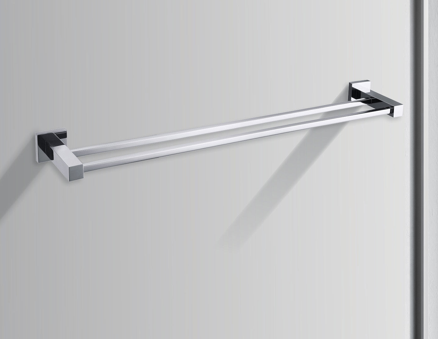 Double Classic Chrome Towel Bar Rail, elegantly designed for bathroom use, featuring a shiny chrome finish and sturdy construction.