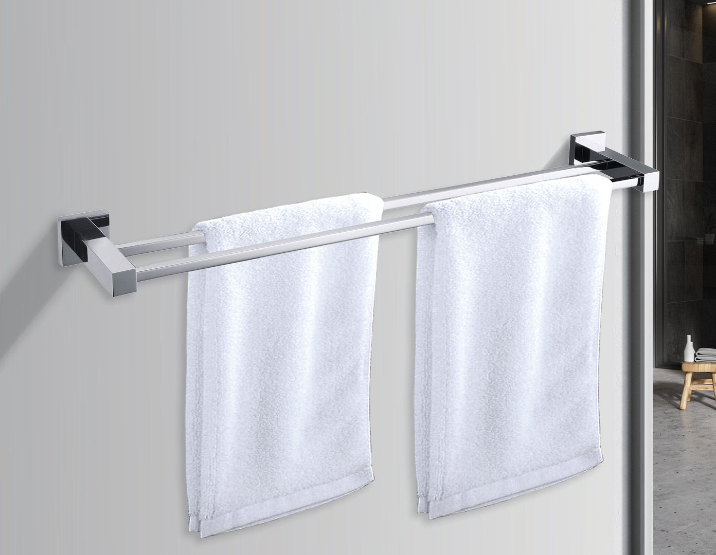 Double Classic Chrome Towel Bar Rail, elegantly designed for bathroom use, featuring a shiny chrome finish and sturdy construction.