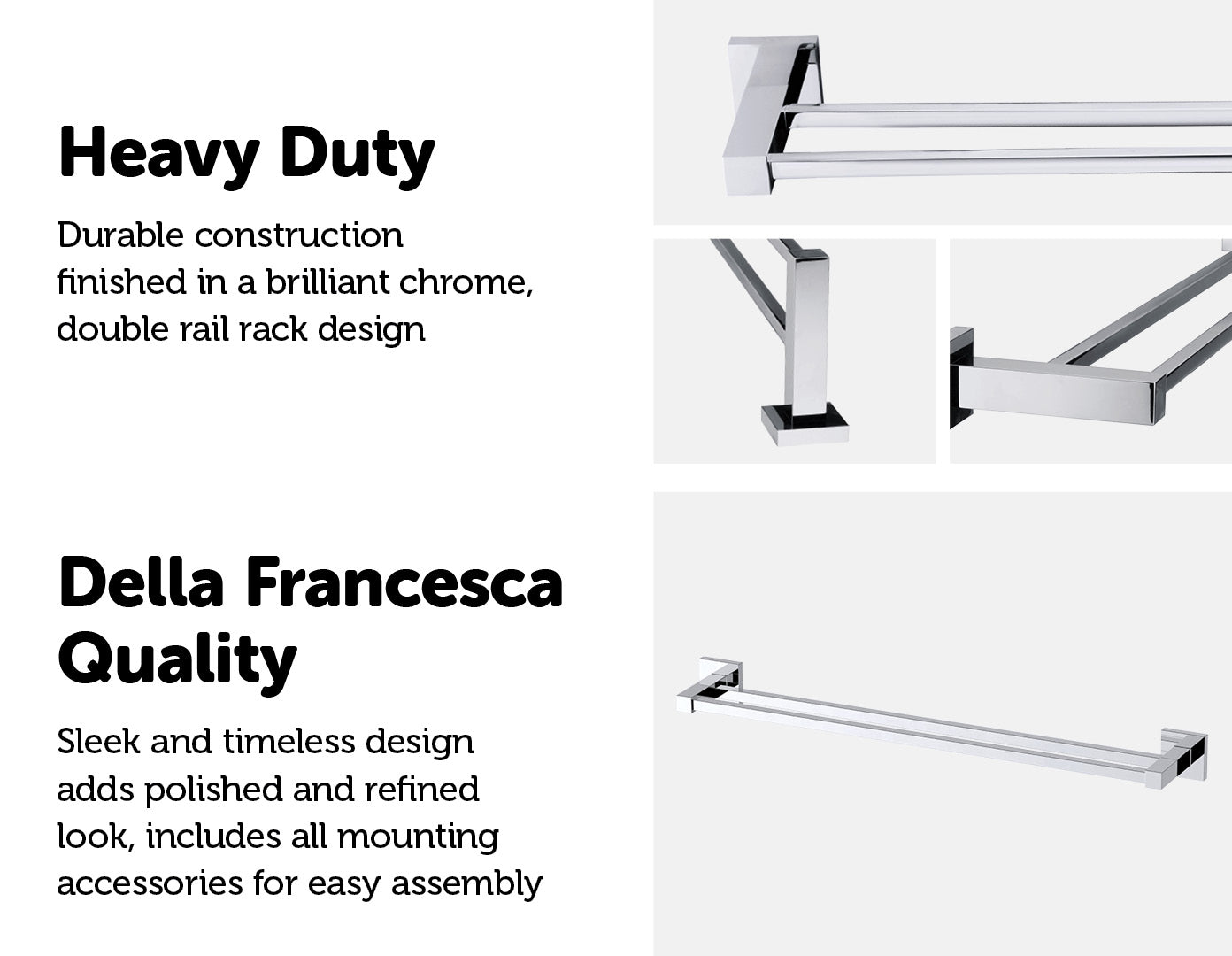 Double Classic Chrome Towel Bar Rail, elegantly designed for bathroom use, featuring a shiny chrome finish and sturdy construction.