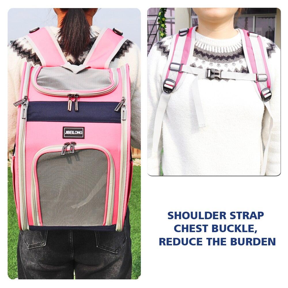Double shoulder dog cat carrier backpack in pink and green, featuring breathable mesh for small pets.